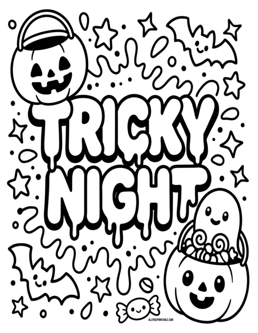 Free Printable Halloween Tricky Night Coloring Page for Kids PDF