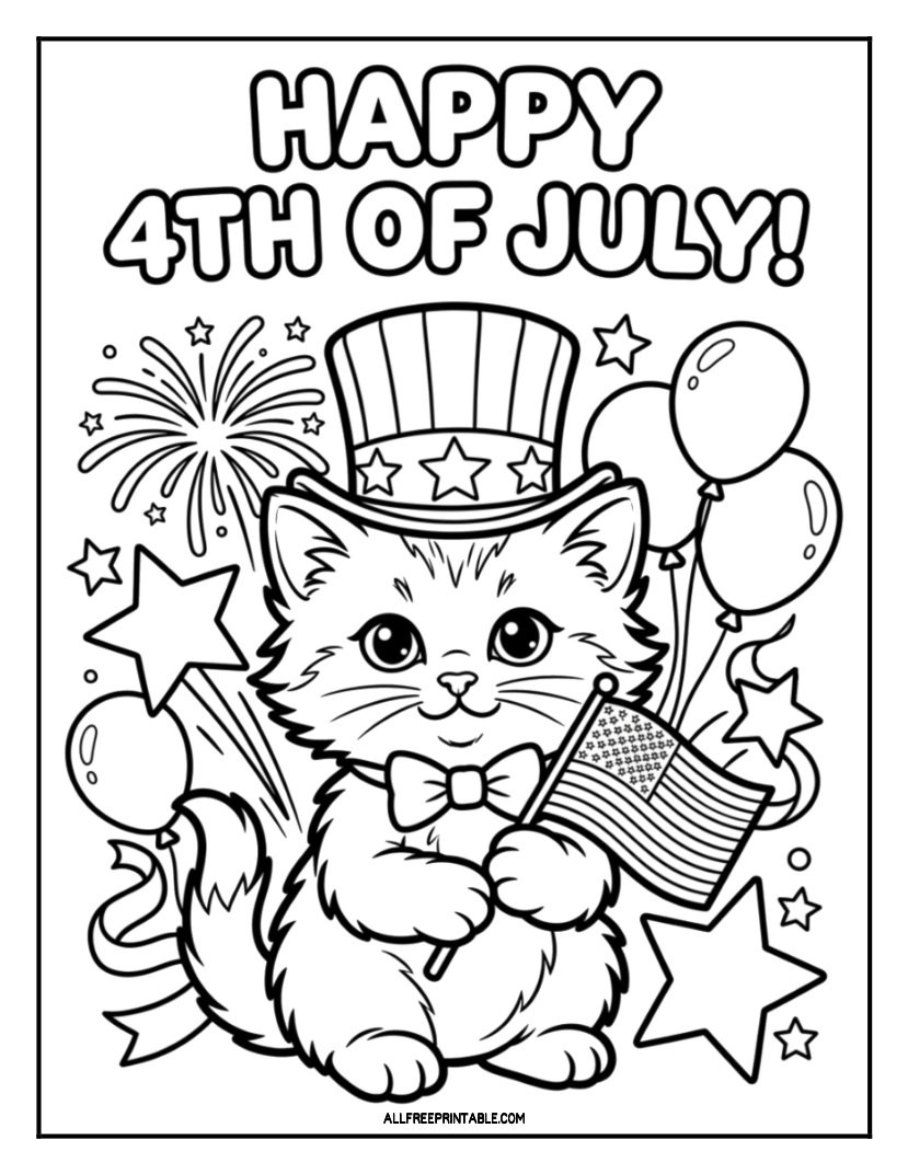 Free Printable Happy 4th of July Cute Patriotic Cat Coloring Page PDF