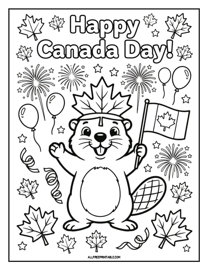 Free Printable Happy Canada Day Cute Beaver Coloring Page PDF