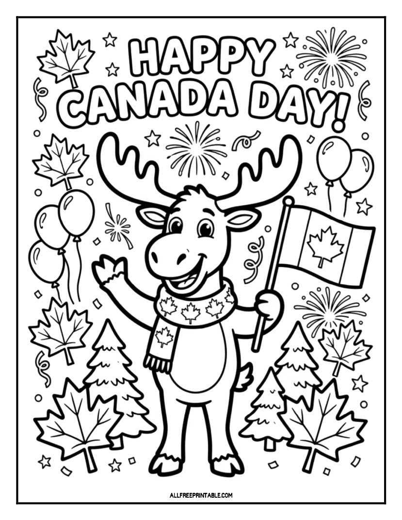 Free Printable Happy Canada Day Moose Coloring Page PDF