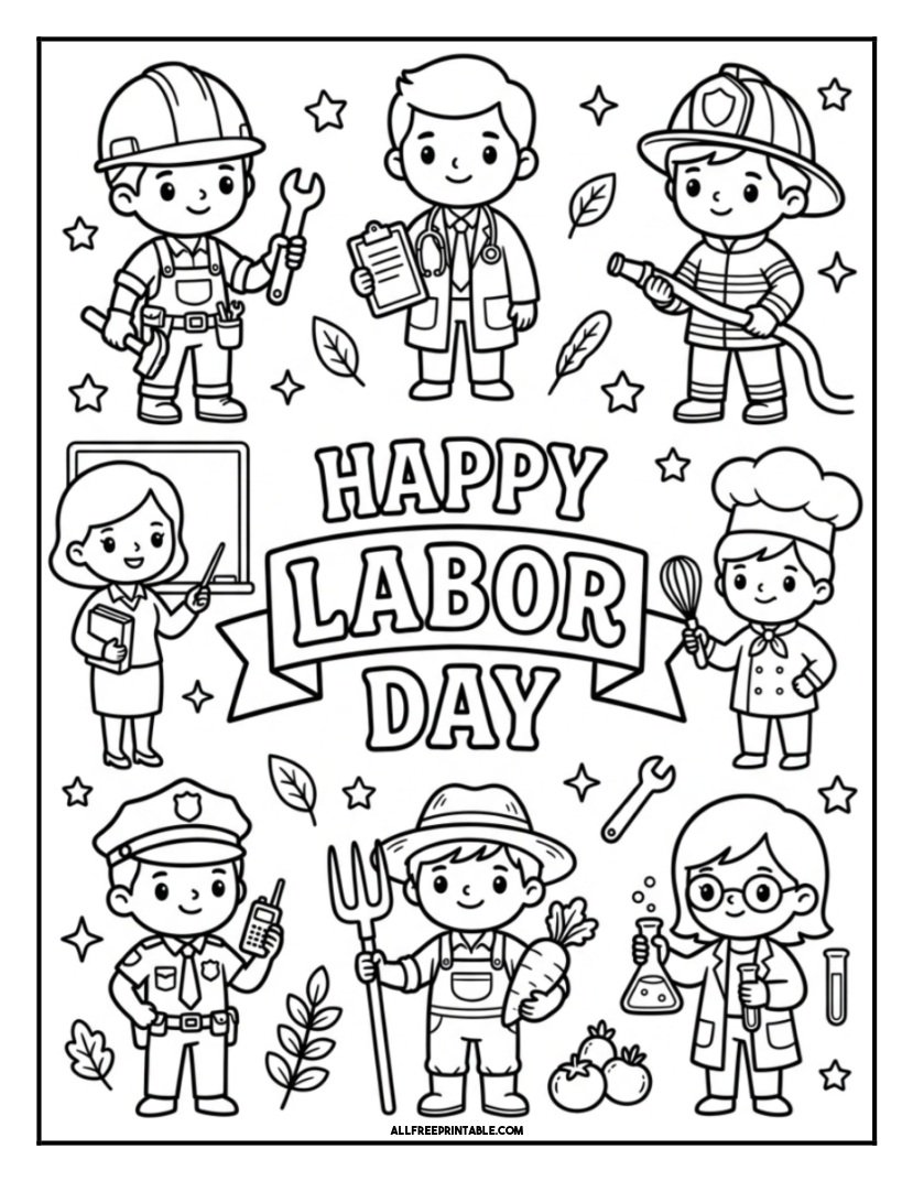 Free Printable Happy Labor Day Cute Professions Coloring Page PDF