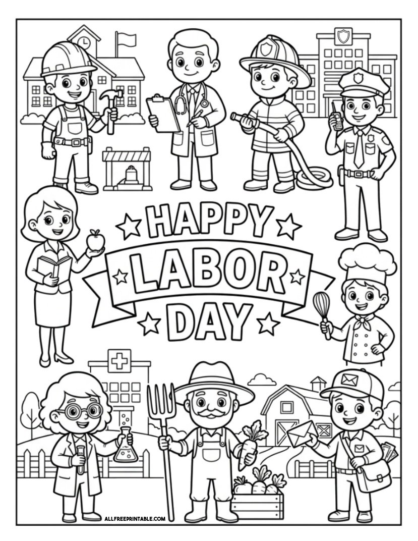 Free Printable Happy Labor Day Occupations Coloring Page PDF