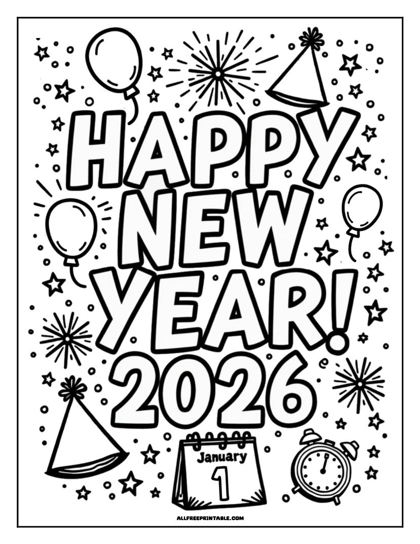Free Printable Happy New Year 2026 Coloring Page