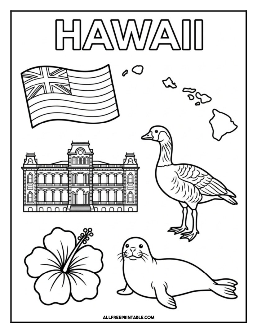 Free Printable Hawaii State Coloring Page – Flag, Map & Symbols