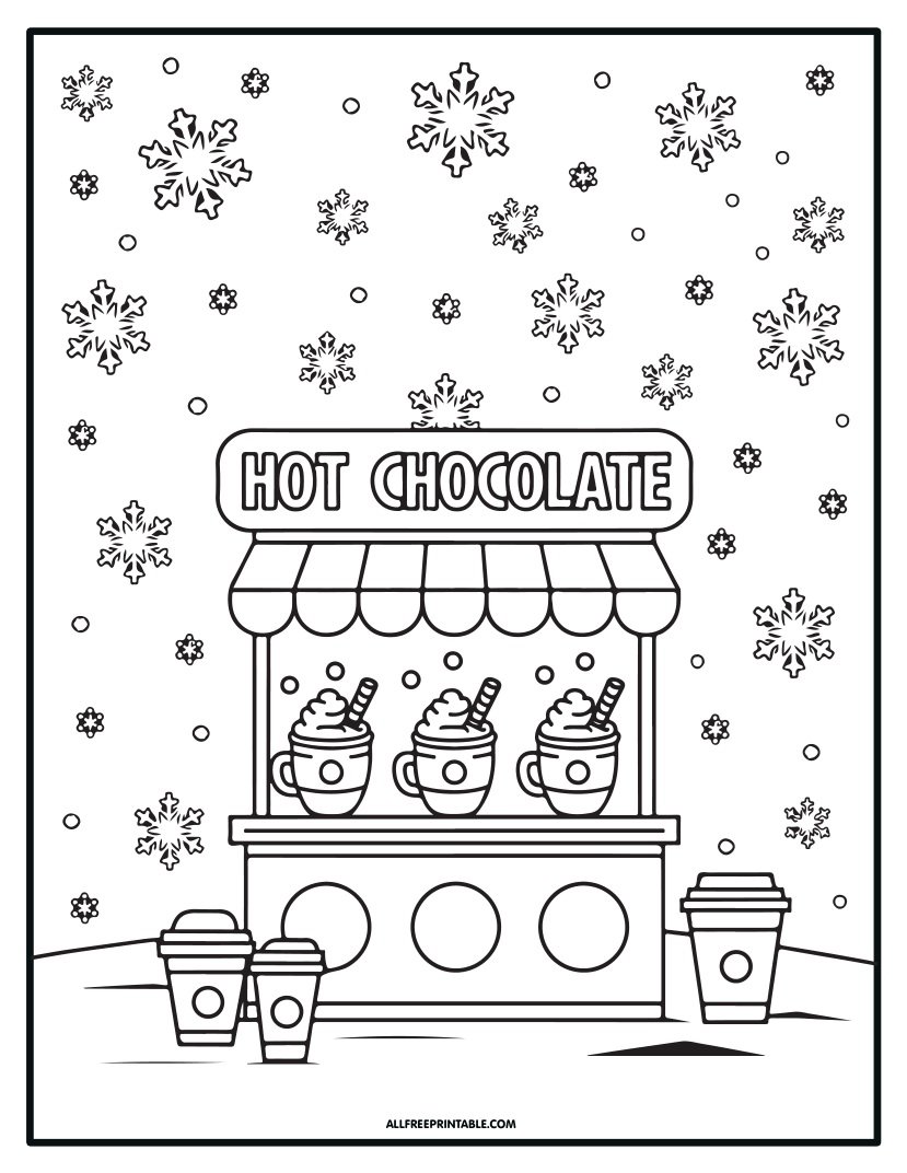 Free Printable Hot Chocolate Stand Winter Coloring Page