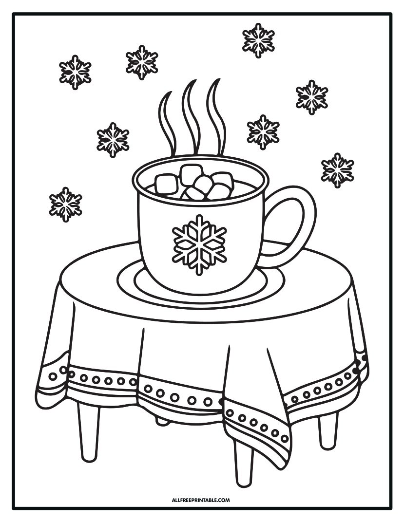 Free Printable Hot Cocoa Marshmallow Winter Coloring Page
