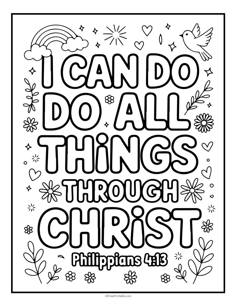 Free Printable I Can Do All Things Philippians 4:13 Bible Verse Coloring Page PDF