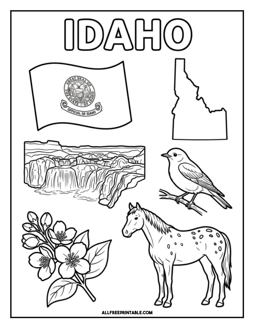 Free Printable Idaho State Coloring Page – Flag, Map & Symbols PDF Free Printable Idaho State Coloring Page – Flag, Map & Symbols