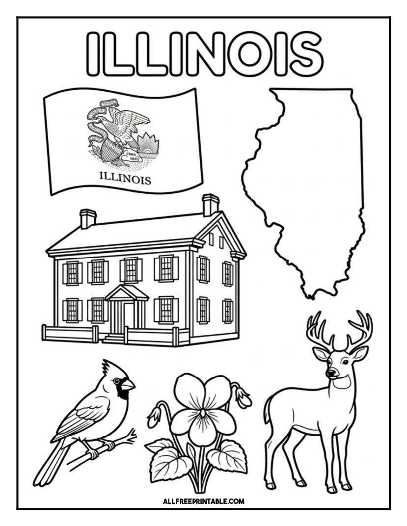 Free Printable Illinois State Coloring Page – Flag, Map & Symbols
