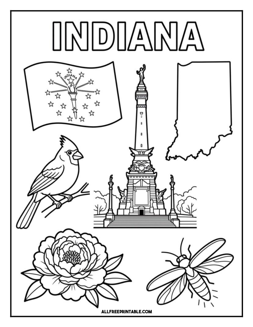 Free Printable Indiana State Coloring Page – Flag, Map & Symbols