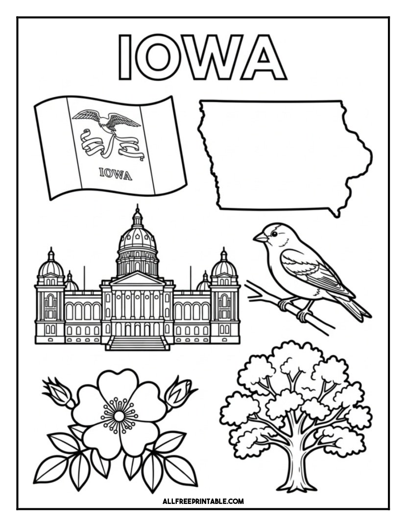 Free Printable Iowa State Coloring Page – Flag, Map & Symbols