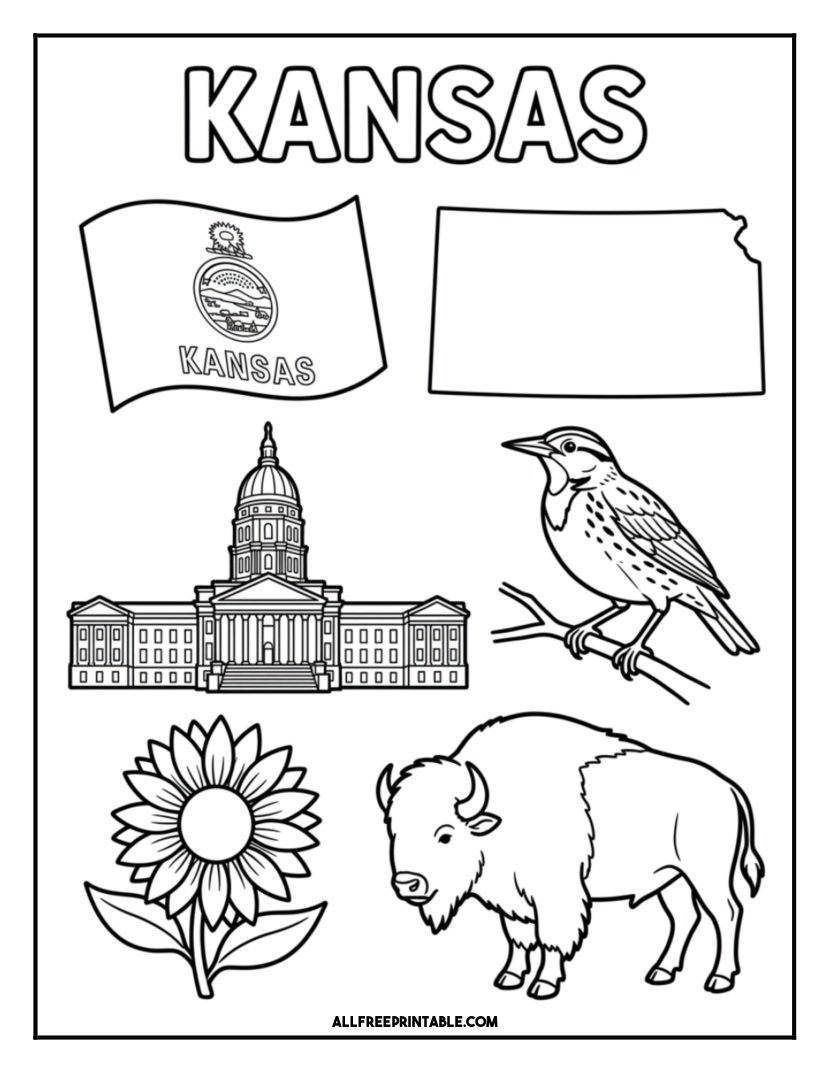 Free Printable Kansas State Coloring Page – Flag, Map & Symbols PDF