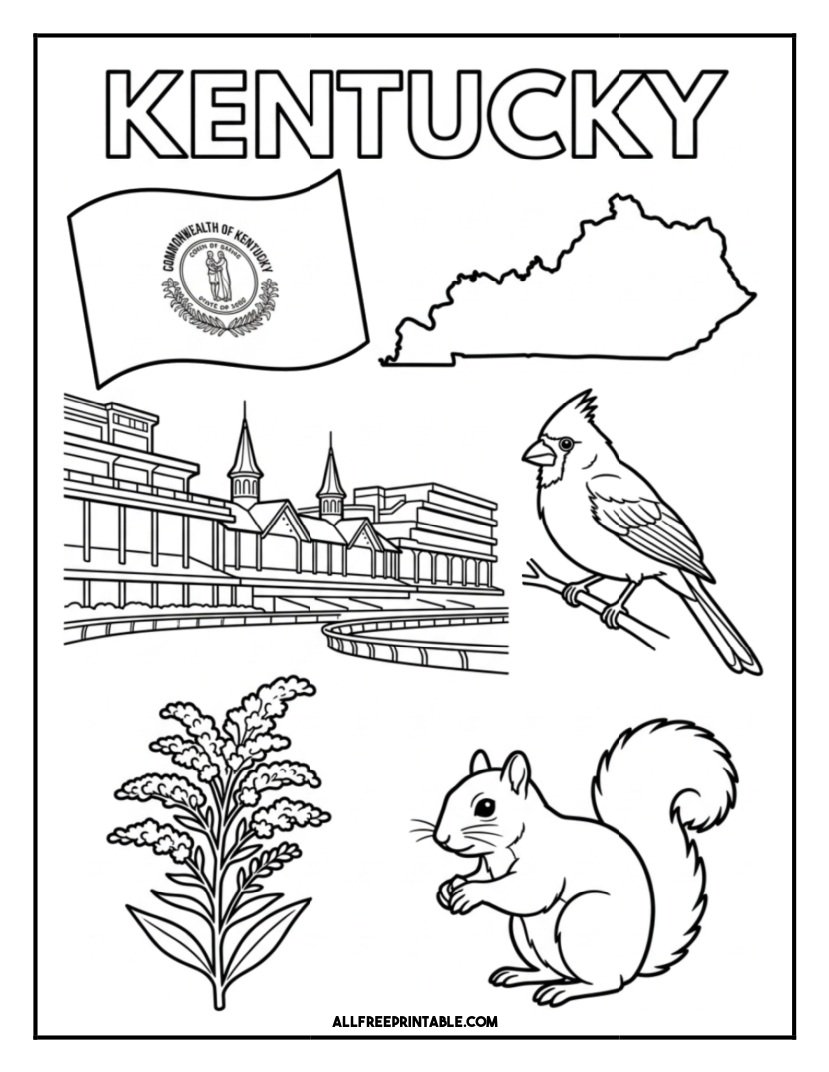 Free Printable Kentucky State Coloring Page – Flag, Map & Symbols