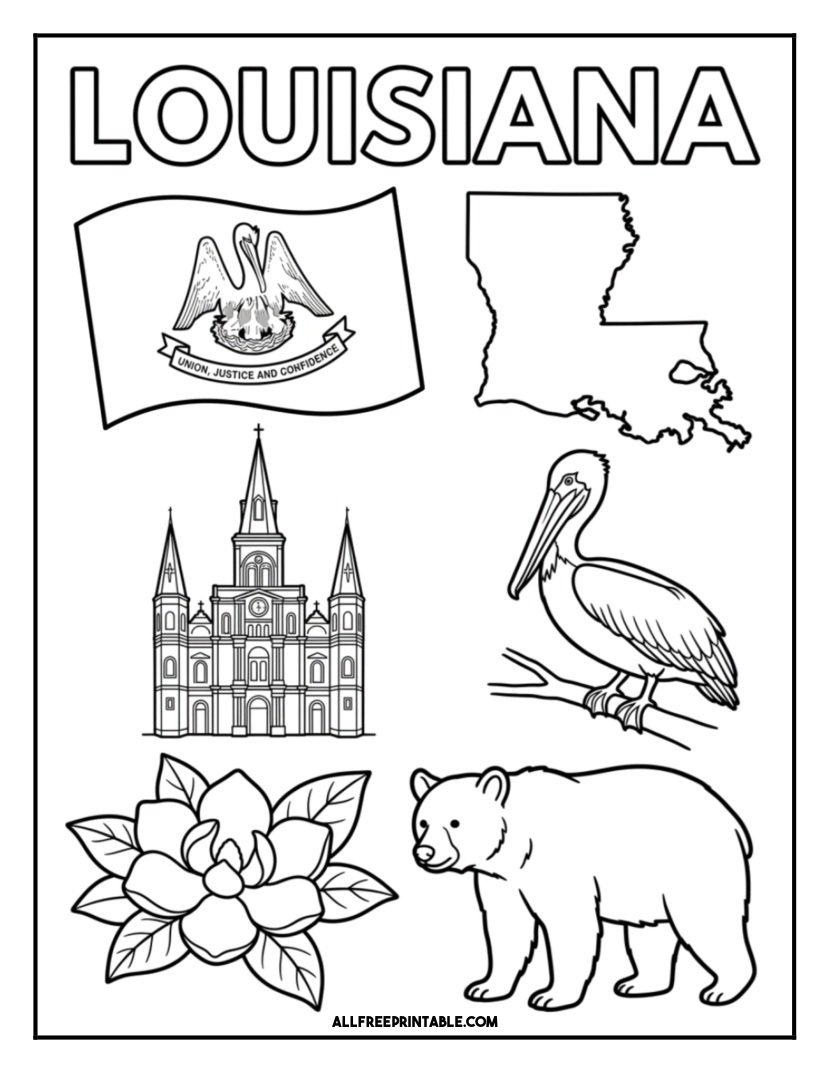 Free Printable Louisiana State Coloring Page – Flag, Map & Symbols PDF
