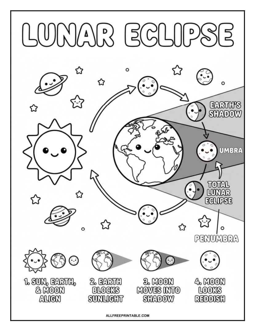 Free Printable Lunar Eclipse Illustration Coloring Page for Kids PDF