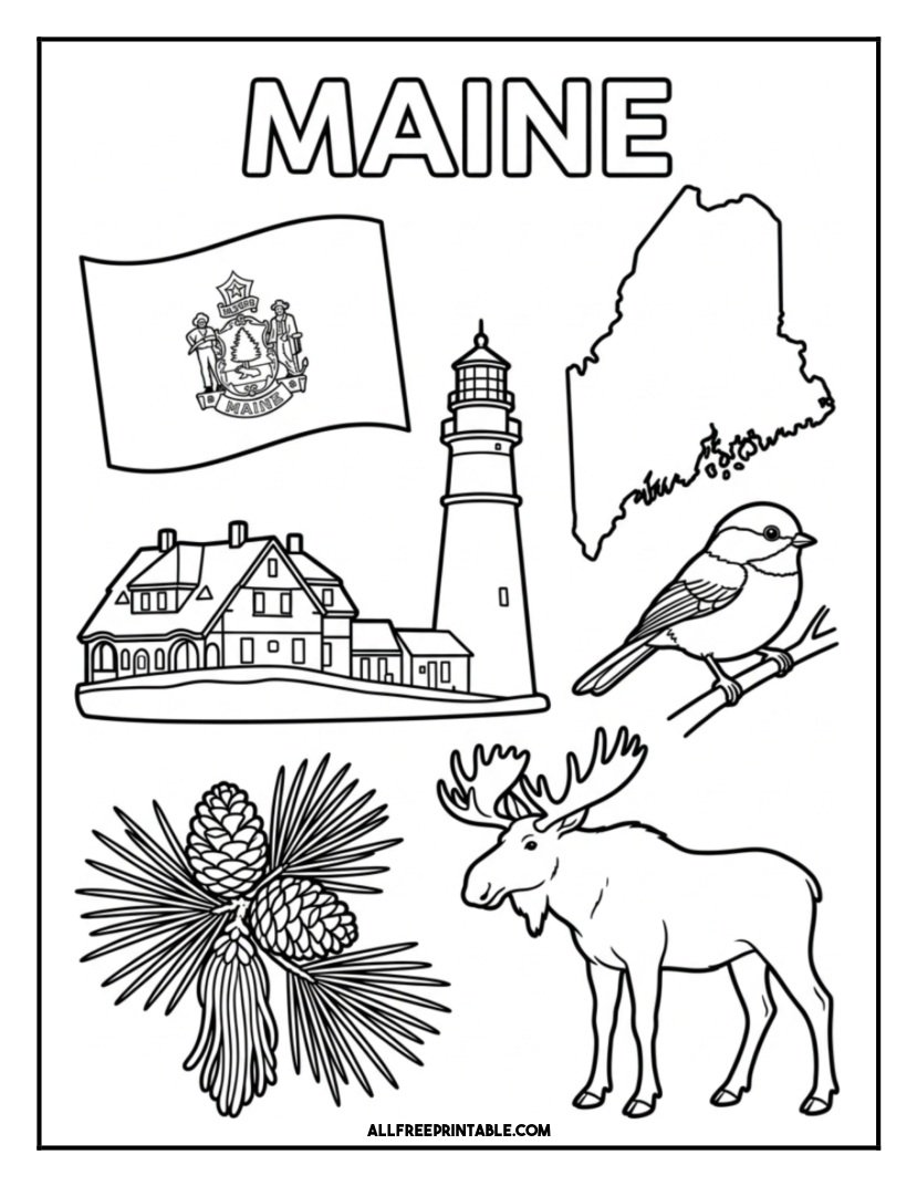 Free Printable Maine State Coloring Page – Flag, Map & Symbols