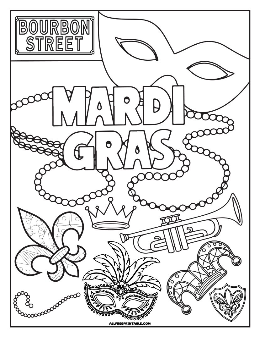 Free Printable Mardi Gras Bourbon Street Coloring Page