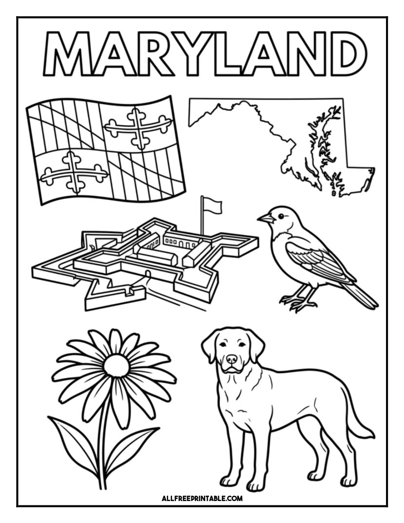 Free Printable Maryland State Coloring Page – Flag, Map & Symbols PDF