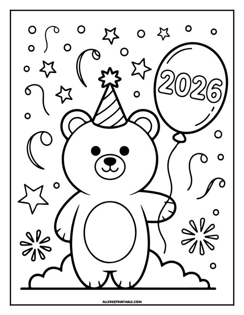 Free Printable New Year 2026 Teddy Bear Coloring Page
