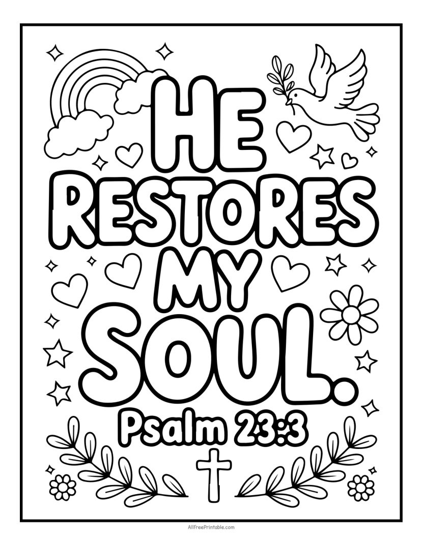 Free Printable Psalm 23:3 He Restores My Soul Bible Verse Coloring Page PDF