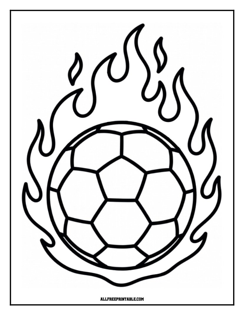 Free Printable Soccer Ball on Fire Coloring Page
