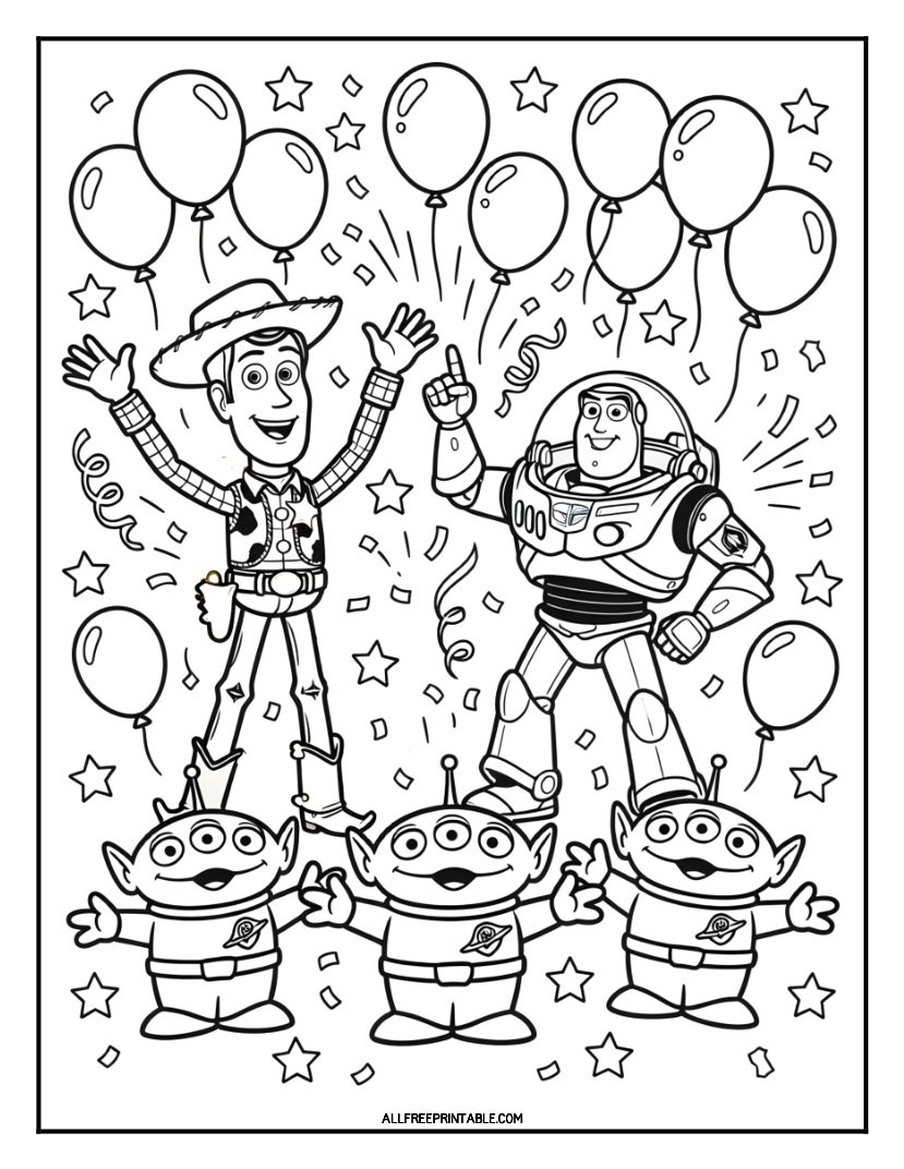 Free Printable Toy Story Woody Buzz Aliens Party Coloring Page PDF