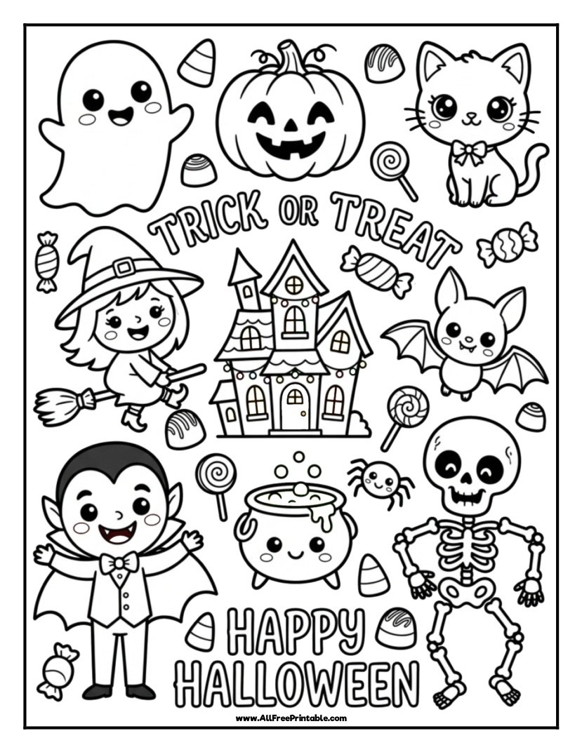 Free Printable Trick or Treat Happy Halloween Cute Coloring Page