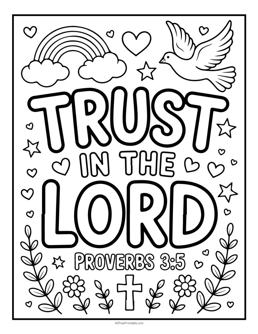Free Printable Trust in The Lord Proverbs 3:5 Bible Verse Coloring Page PDF