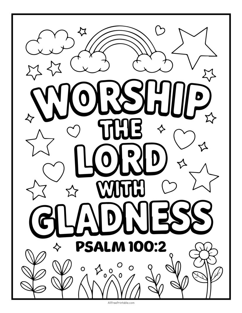 Free Printable Worship The Lord Psalm 100:2 Bible Verse Coloring Page PDF
