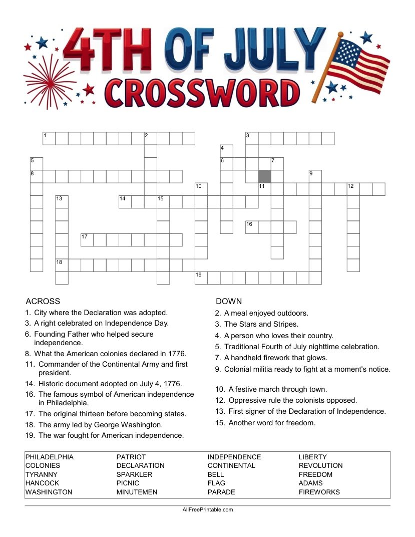 Free Printable 4th of July Crossword Puzzle PDF