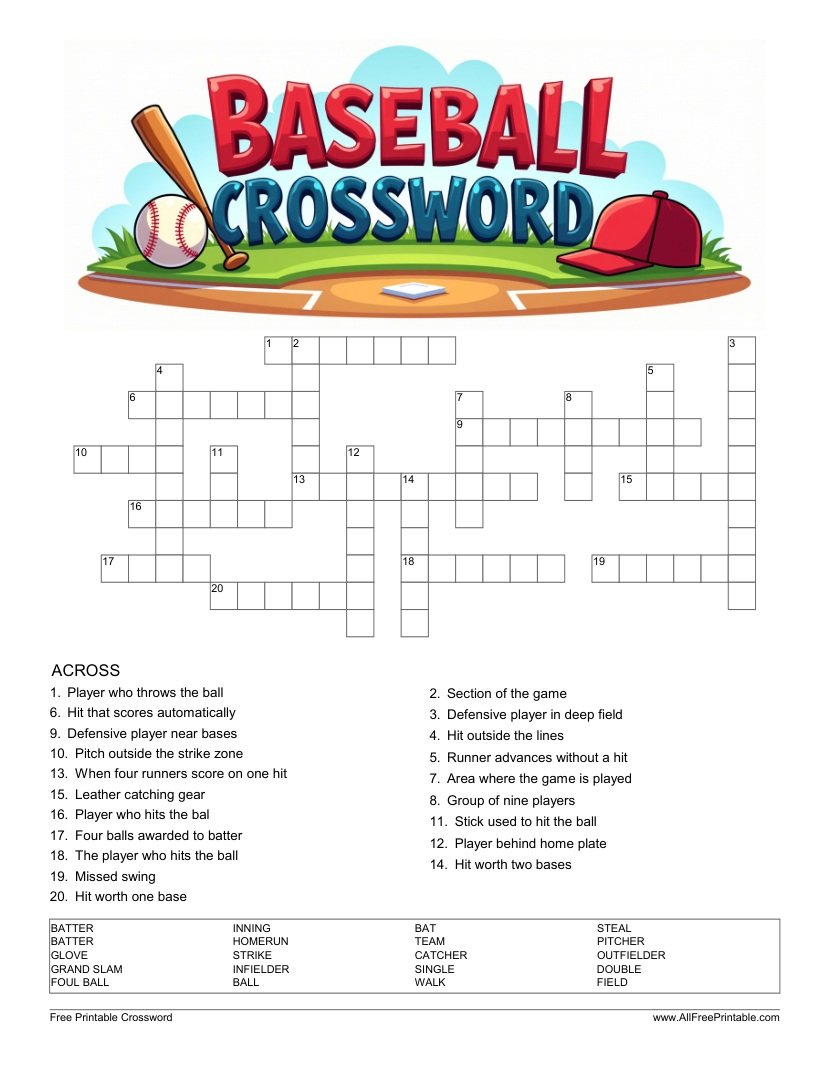 Free Printable Baseball Crossword Puzzle
