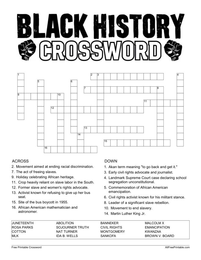 Free Printable Black History Crossword