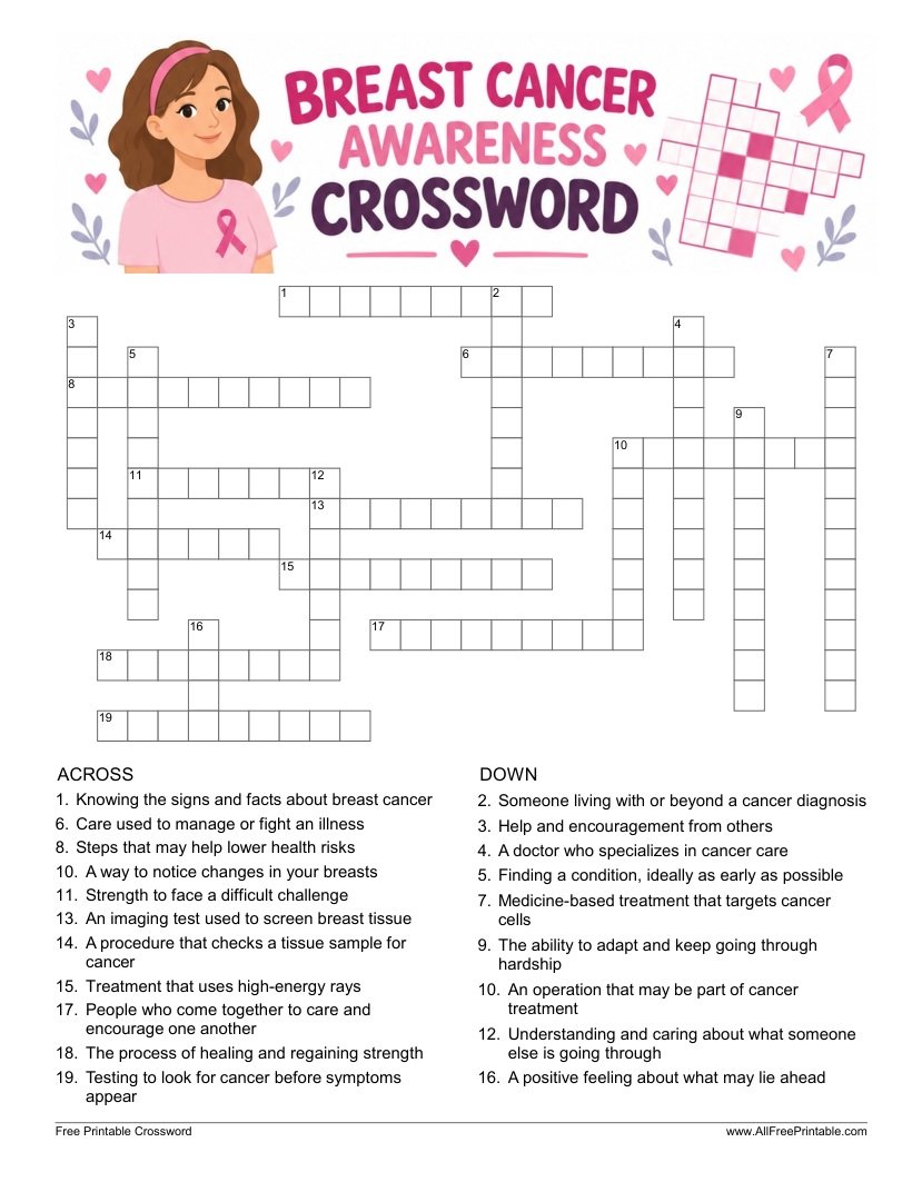 Free Printable Breast Cancer Awareness Crossword Puzzle PDF