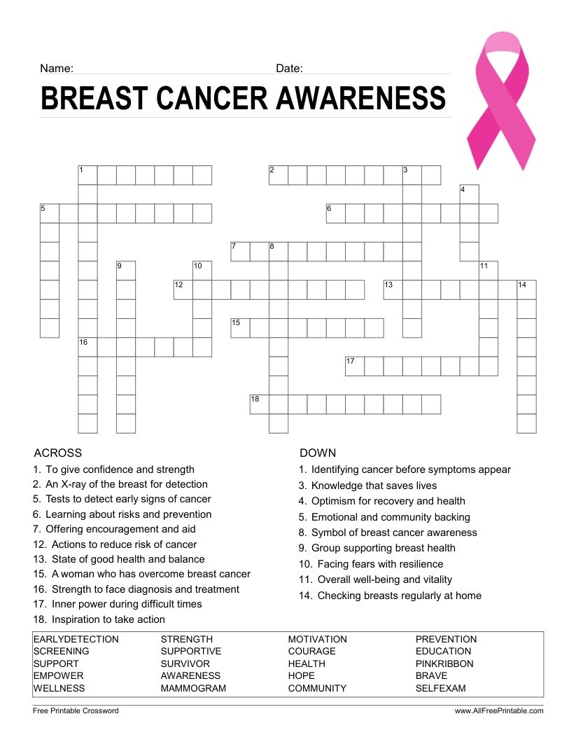 Free Printable Breast Cancer Awareness Crossword