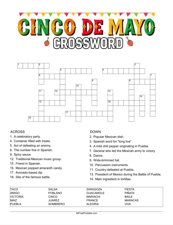 Free Printable Cinco de Mayo Crossword Puzzle