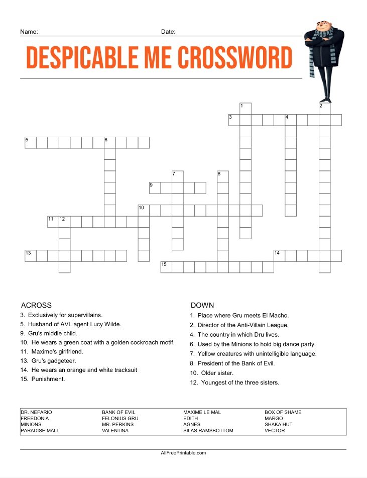 Free Printable Despicable Me Crossword