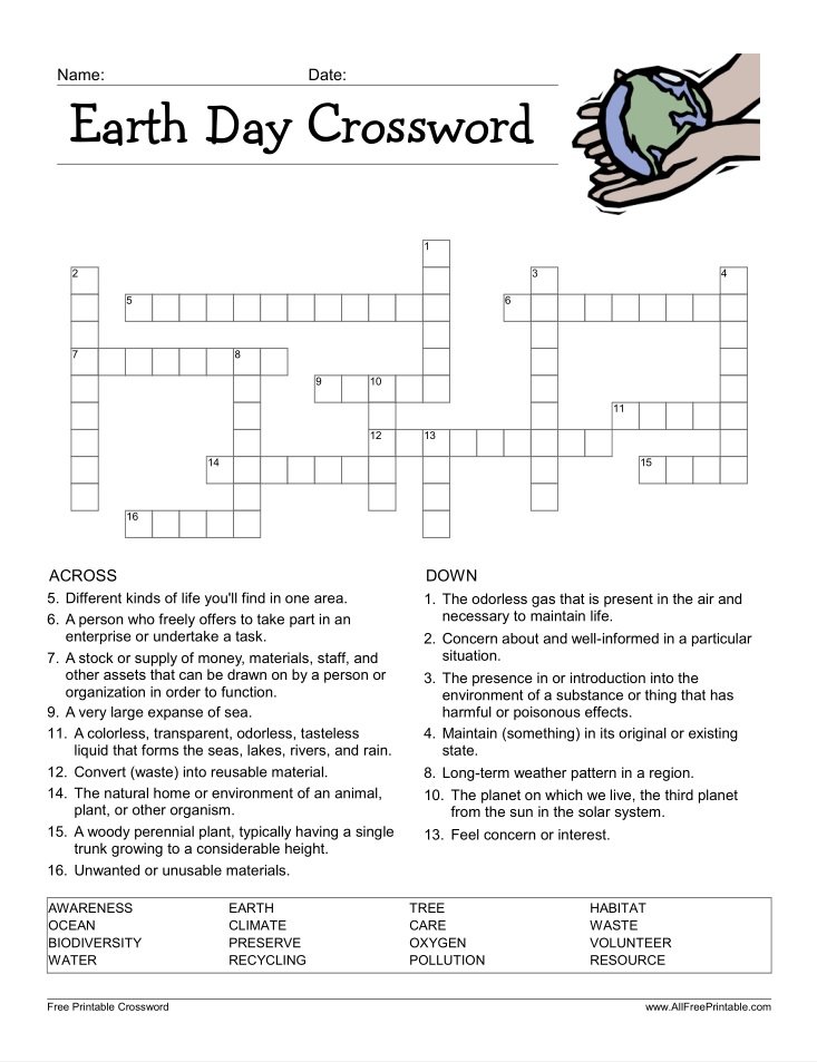 Free Printable Earth Day Crossword Puzzle