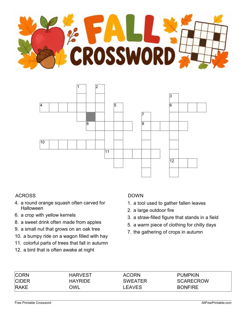 Free Printable Fall Crossword Puzzle for Kids PDF