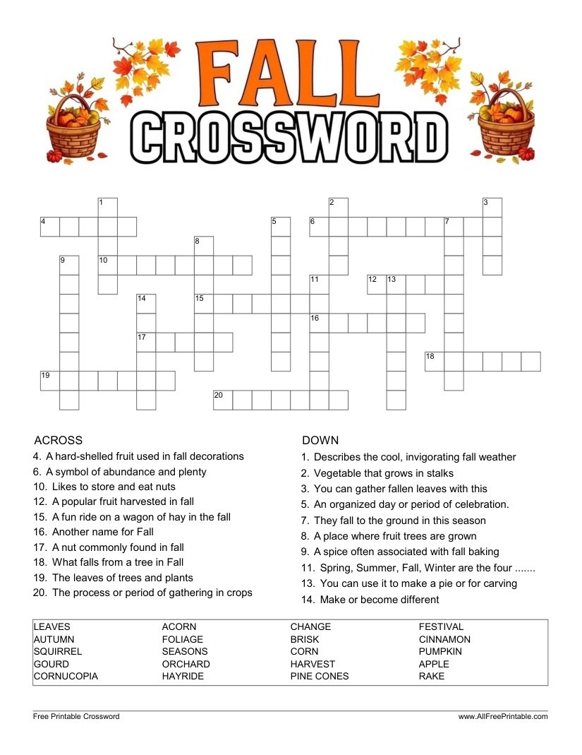 Free Printable Fall Crossword Puzzle