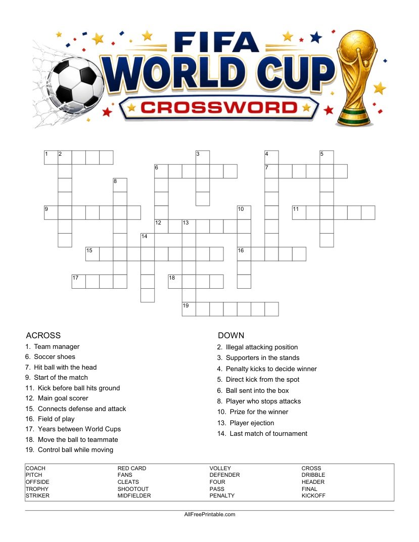 Free Printable FIFA World Cup Crossword Puzzle PDF