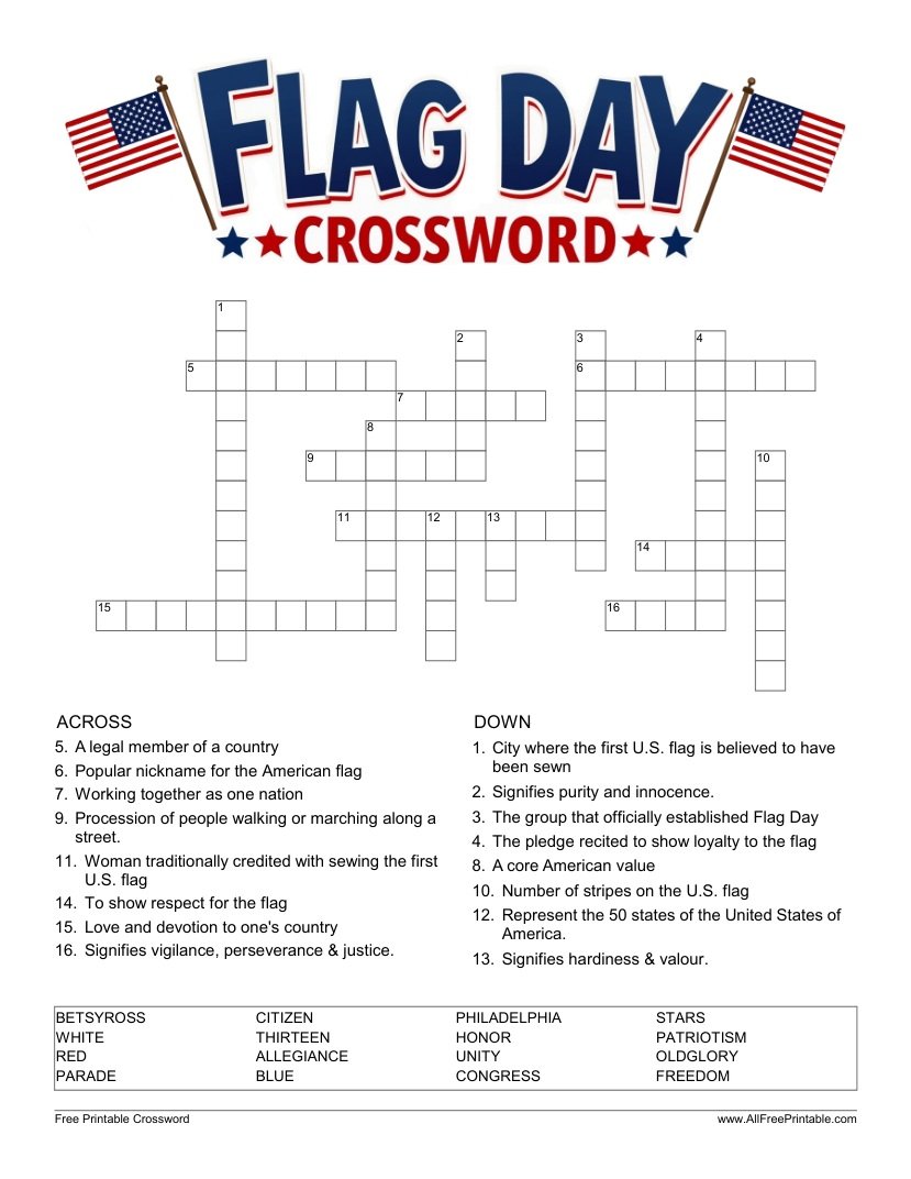 Free Printable Flag Day Crossword Puzzle PDF