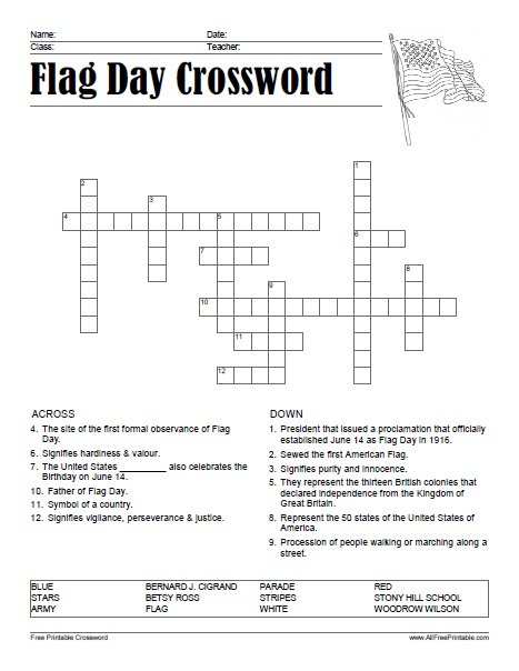 Free Printable Flag Day Crossword Puzzle