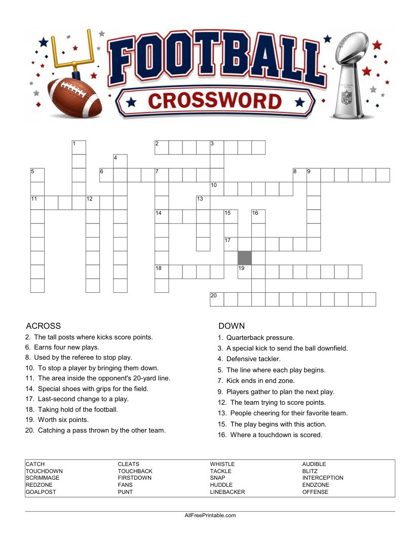 Free Printable Football Crossword Puzzle PDF