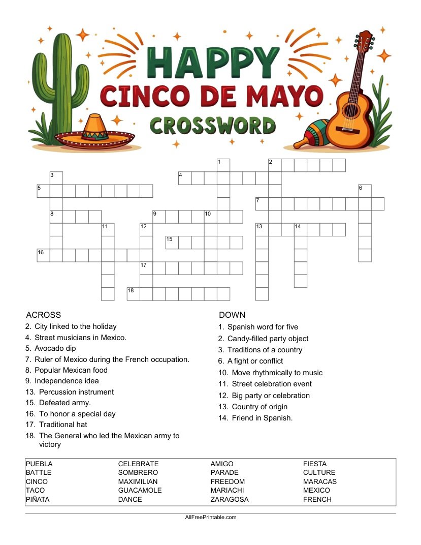 Free Printable Happy Cinco de Mayo Crossword PDF