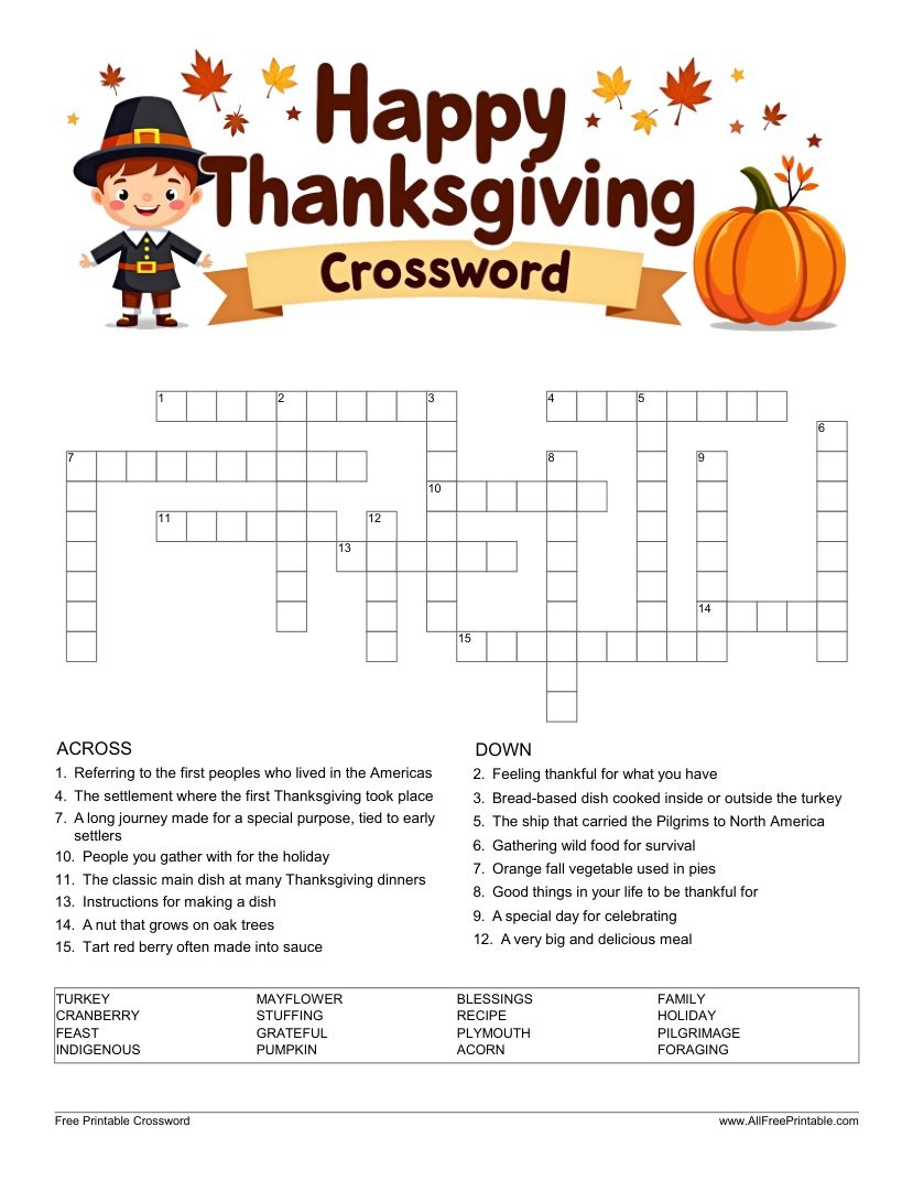 Free Printable Happy Thanksgiving Crossword