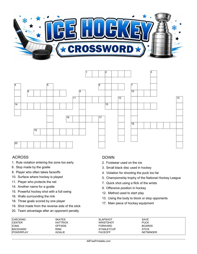 Free Printable Ice Hockey Crossword Puzzle PDF