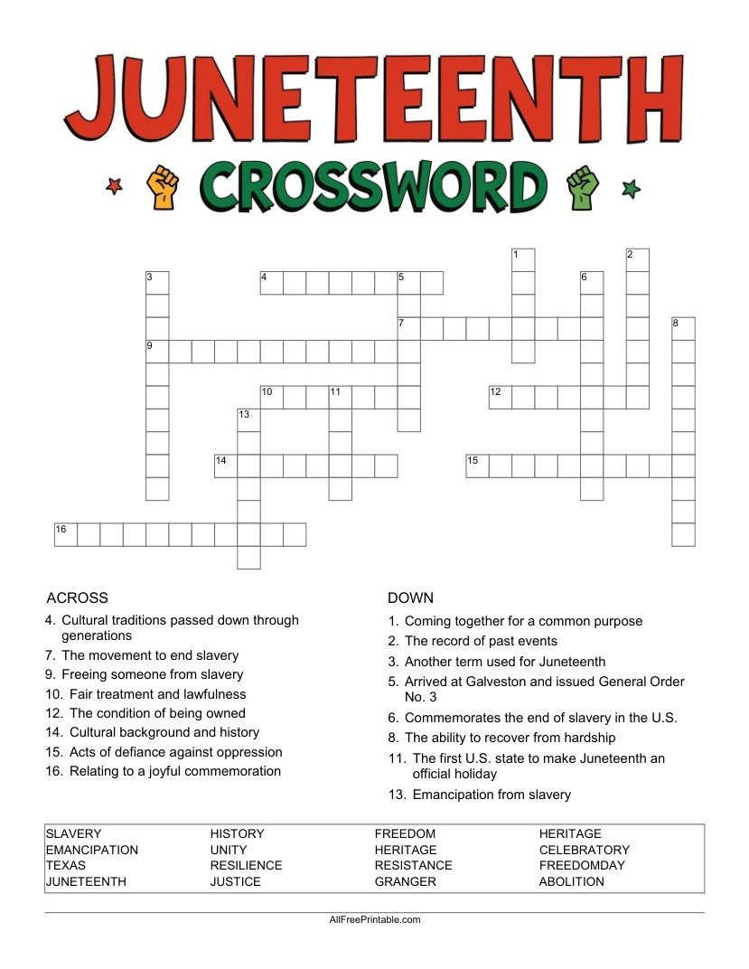 Free Printable Juneteenth Crossword Puzzle PDF