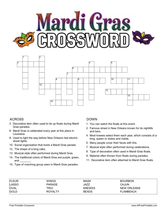 Free Printable Mardi Gras Crossword Puzzle