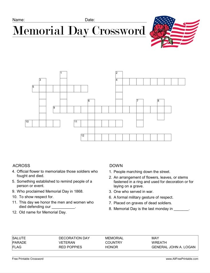Memorial Day Crossword Puzzle