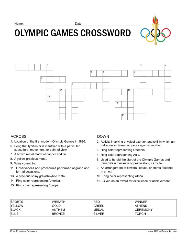 Free Printable Olympic Games Crossword